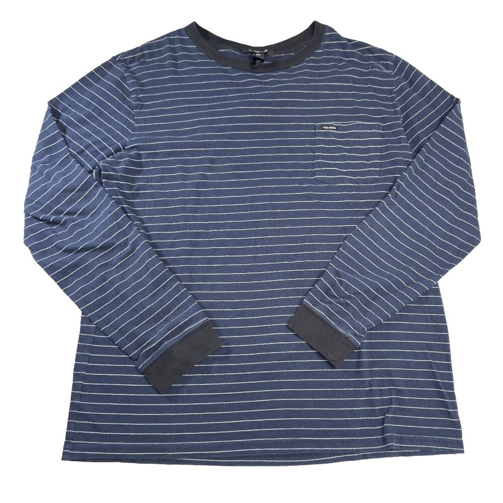 Volcom Navy Blue Striped Long Sleeve Tee Men's M | Soft Cotton Blend Casual Shir